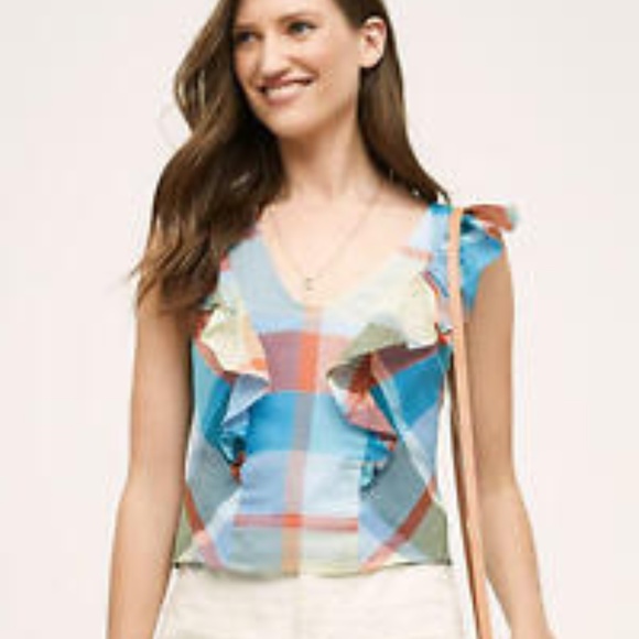 Anthropologie Tops - Anthropologie plaid crop blouse with ruffles